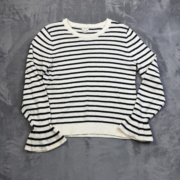 J.CREW Sweaters - J Crew Sweater Womens Medium White Black Striped Wool Blend Bell Sleeve Pullover
